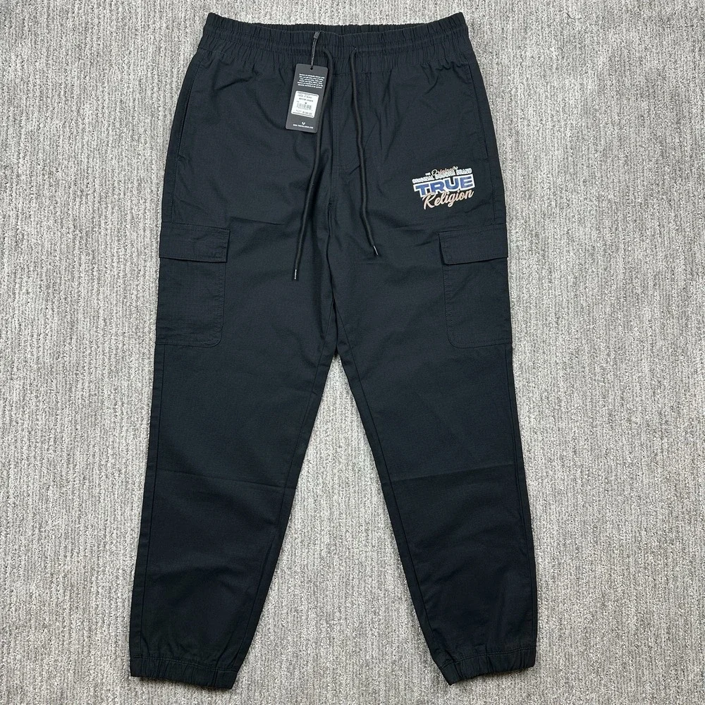 True Religion Ripstop Cargo Jogger Pants Mens Medium Black Pockets MSRP $149